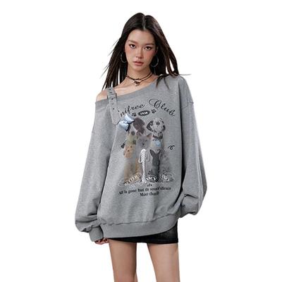Off-Shoulder Sweatshirt mit Hundeaufdruck und lockerer Passform
