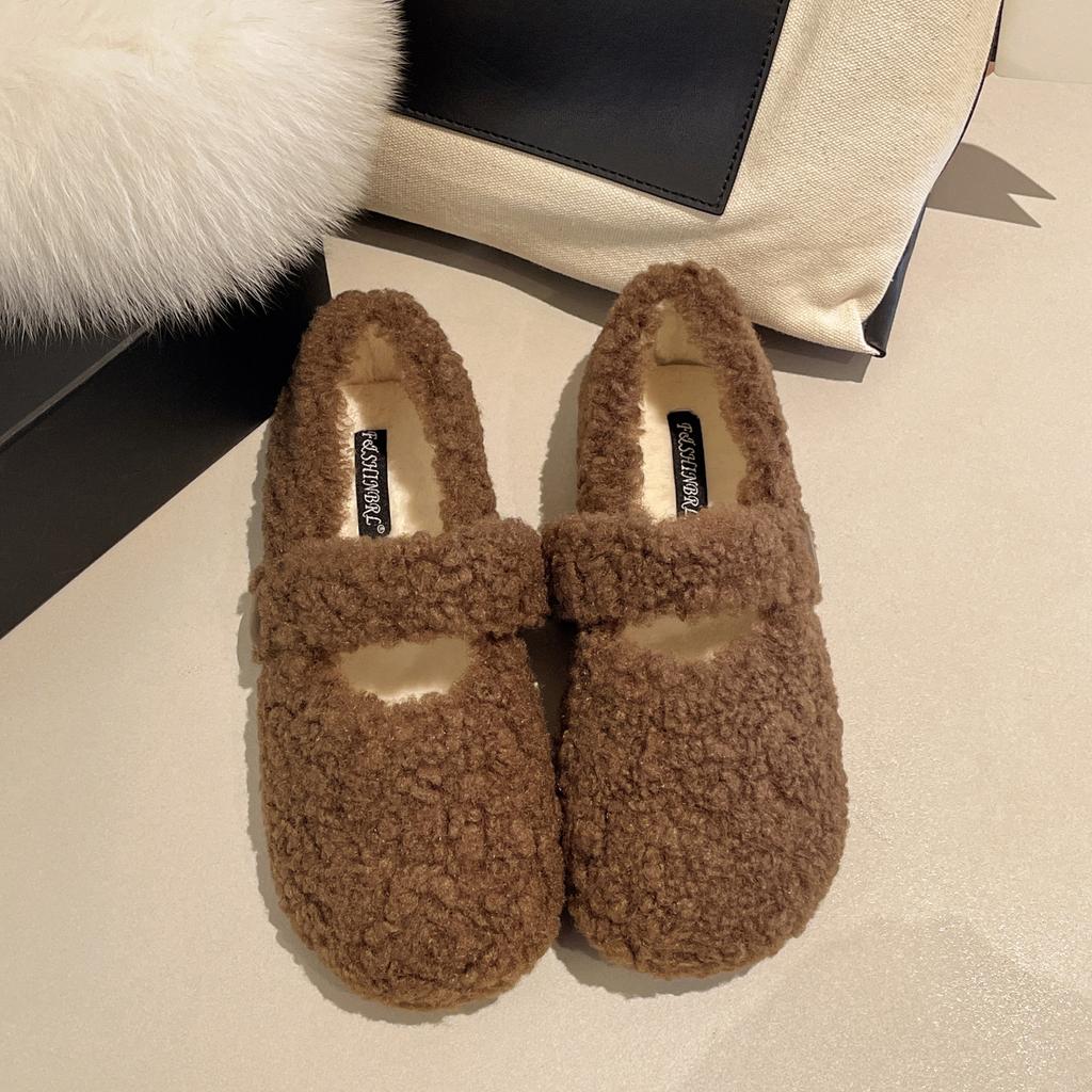 Gentle Fairy Wind Round Head Word with Lamb Wool Shoes Female Autumn and Winter Wear Flat-bottomed Pregnant Women Warm Bean Cotton Shoes