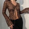 Heißes Mädchen Sexy Print Langarmbluse Herbst Dünn Schlank Durchsichtig Strickjacke Schnürung Oberteil T-Shirt Damenbekleidung