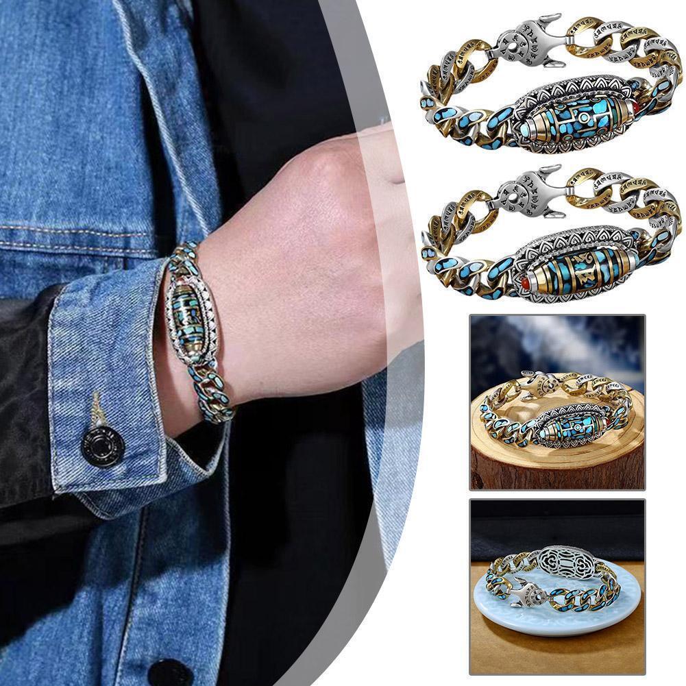Turquoise Six-character Mantra Nine-eyed Dzi Bead Bracelet, Style W Tibetan H6I0