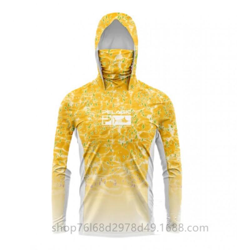 Mens Quick-Dry Ice Silk Long Sleeve Fishing Shirt UPF50 Sun Protection Hooded Tee With Integrated Face Cover