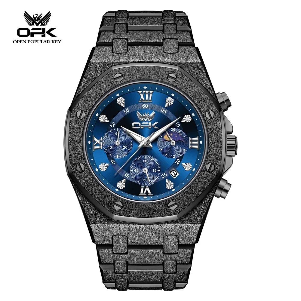 Waterproof Mens Chronograph Watches Steel Strap Moon Phase Calendar Frosted Metal Casual Wrist Watch