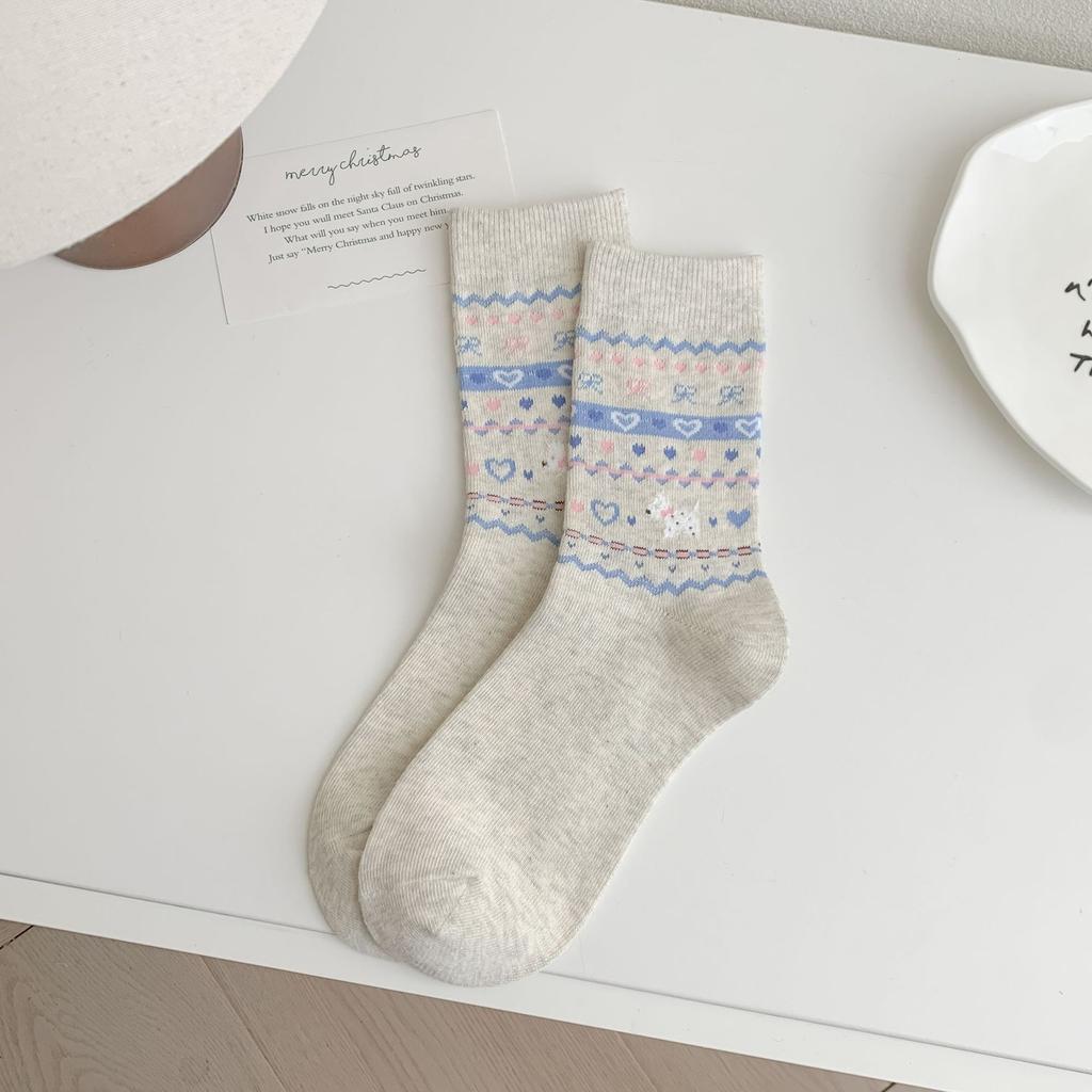 Socks Women'S Mid-Tube Socks Cute Bow Pile Socks Polka Dot Dog Vintage Light Gray Women'S Socks