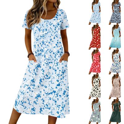 Women's Casual Loose Round-neck Short-sleeved Pocketed Mid-length Dress