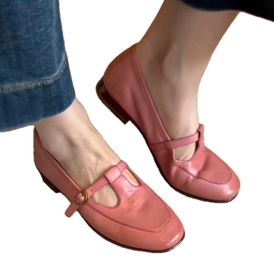 Guttega~ Soft leather flat bottom round head retro Mary Jane shoes women's one-pedal single shoes British small leather shoes loafers