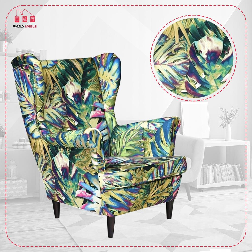 Wingback Armchair ARI PRINT Scandinavian Family Furniture Monstera Green Leaves
