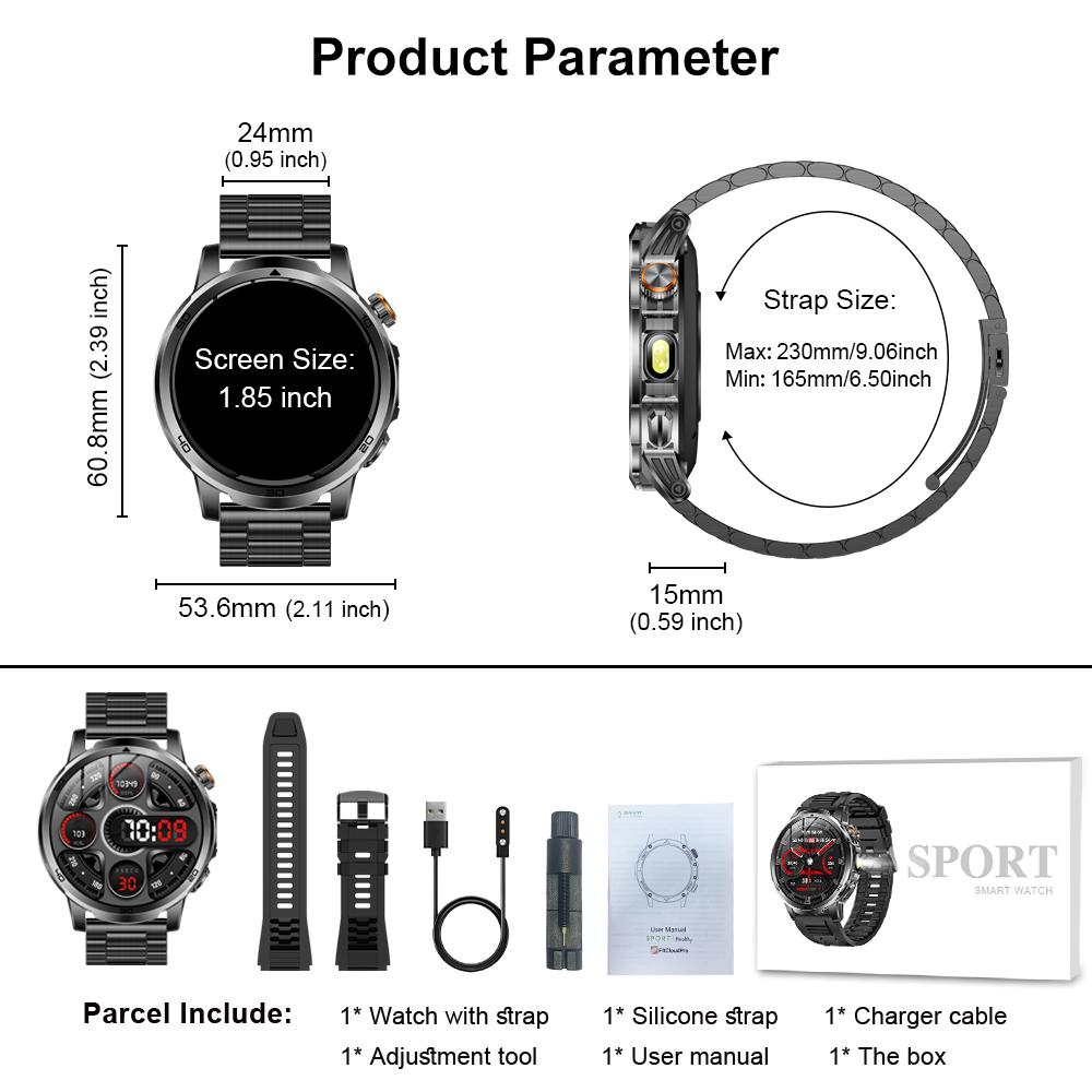 MEVADEN New 1.85 inch Men's Bluetooth Call Smart Watch Sports Fitness Tracker Heart Monitor LED Flashlight Smartwatch For Android IOS 1000mAh AK95