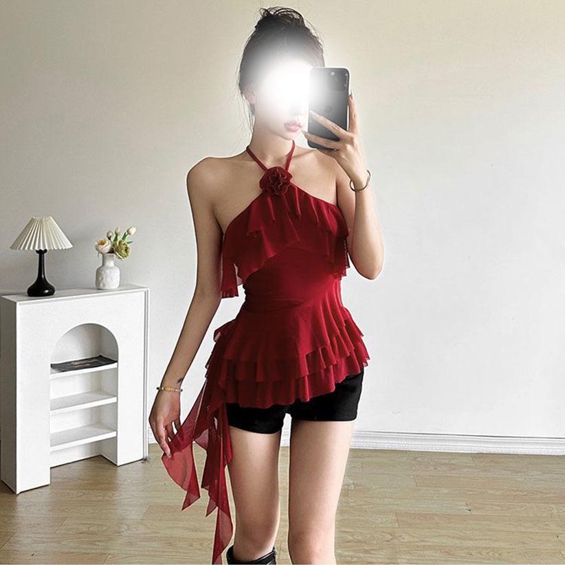 Chic 3D Rose Halter Crop Top - Women's Ruffled Irregular Summer Style
