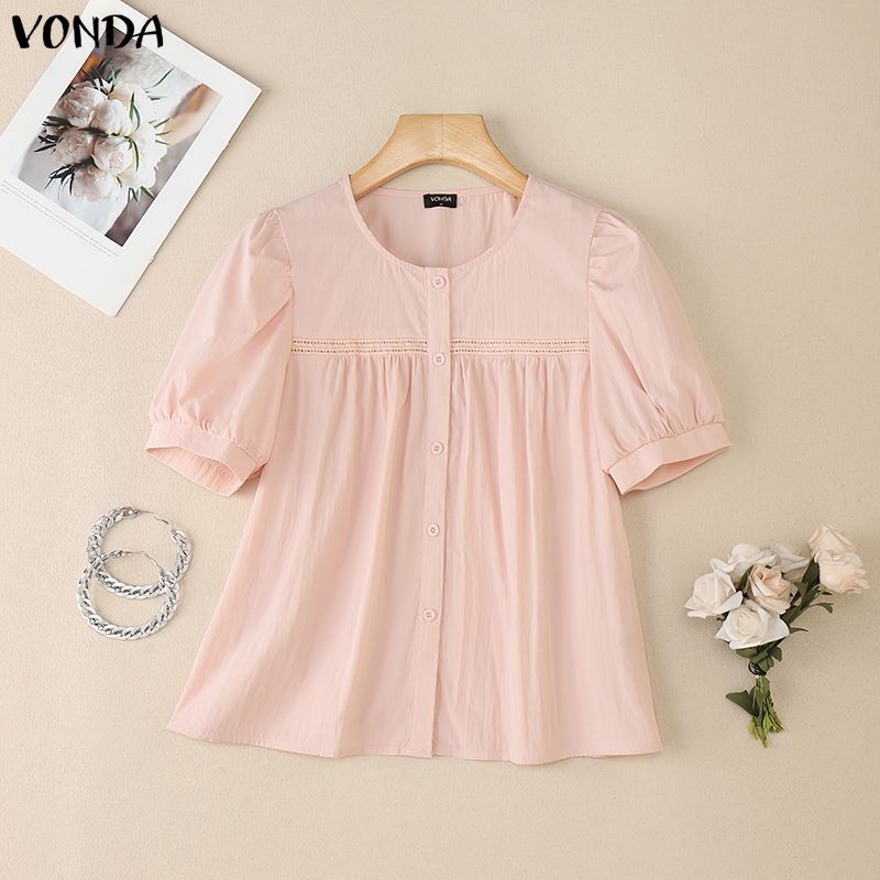 VONDA Wemen Casual Round Neck Puff Sleeve Embroidery Hem Buttons Blouse