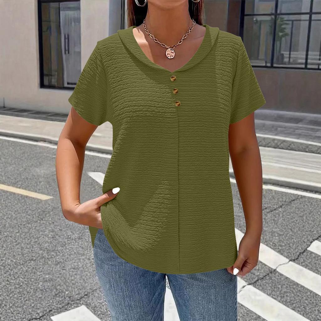 Women’s Short Sleeve Blouse with V Neck and Decorative Buttons Loose Fit Casual Top for Daily Wear
