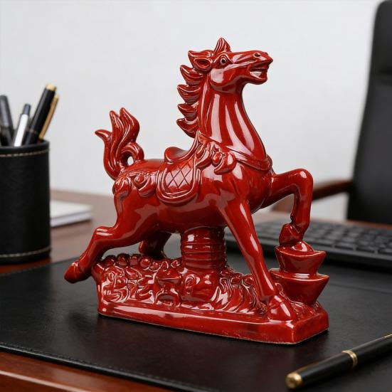 2026 Year of The Horse Figurine Ceramic Feng Shui Red Horse Statue Chinese New Year Home Office Tabletop Decoration for Wealth Good Luck