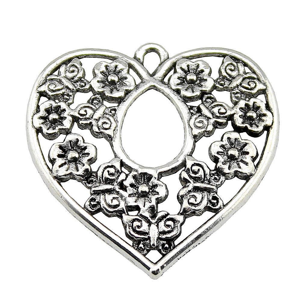 Filigree Heart Charms Antique Alloy Pendants For Vintage Floral Jewelry