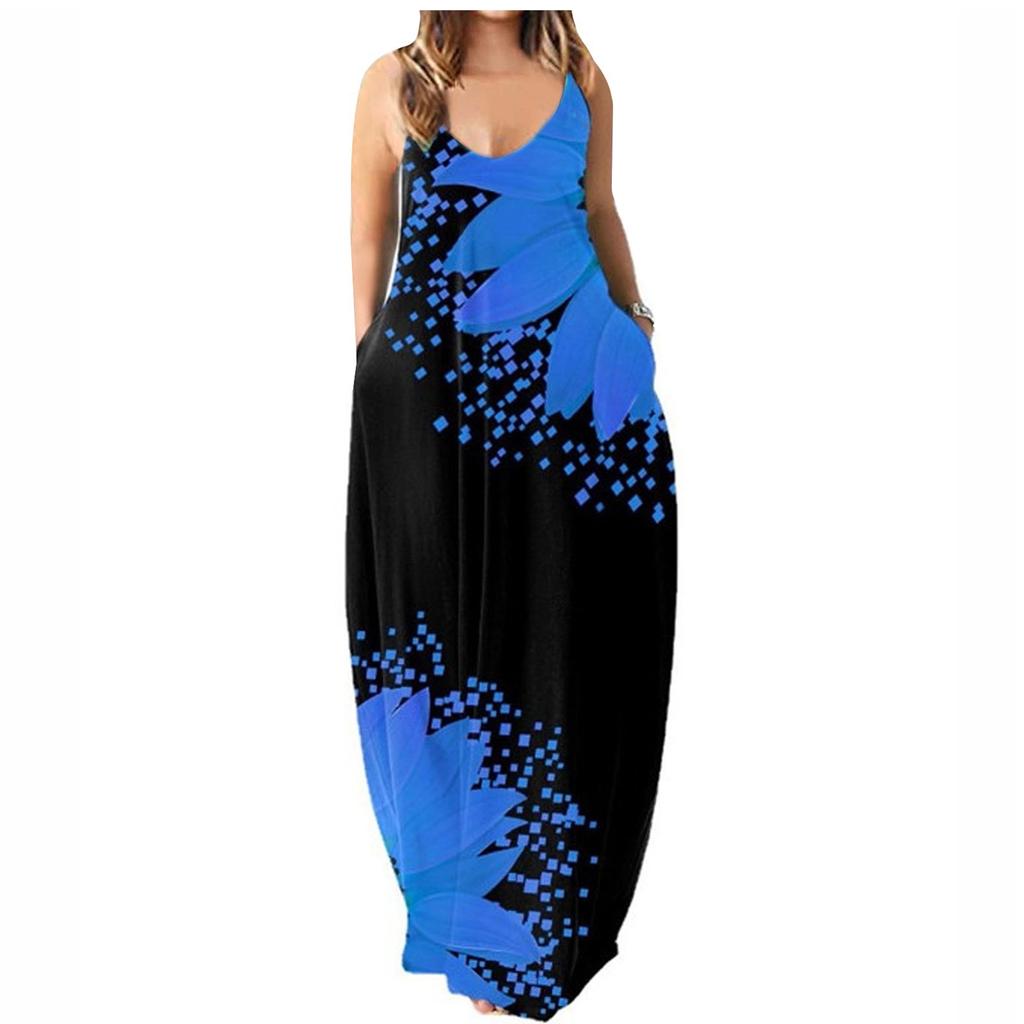 Women's Casual Summer Printed Spaghetti Strap Maxi Dress Loose Fit Sleeveless Long Dress with Pockets Lightweight Comfortable