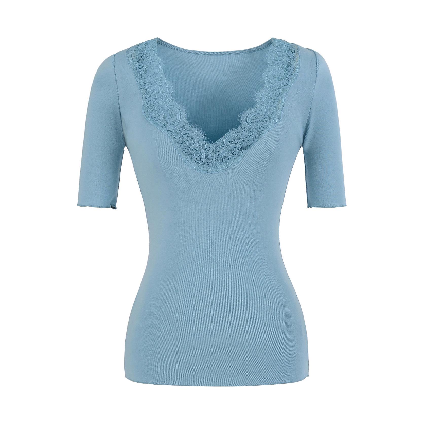 Elegant Lace Patchwork 5-Sleeve V-Neck Slimming Top - Spring/Summer 2026 Large