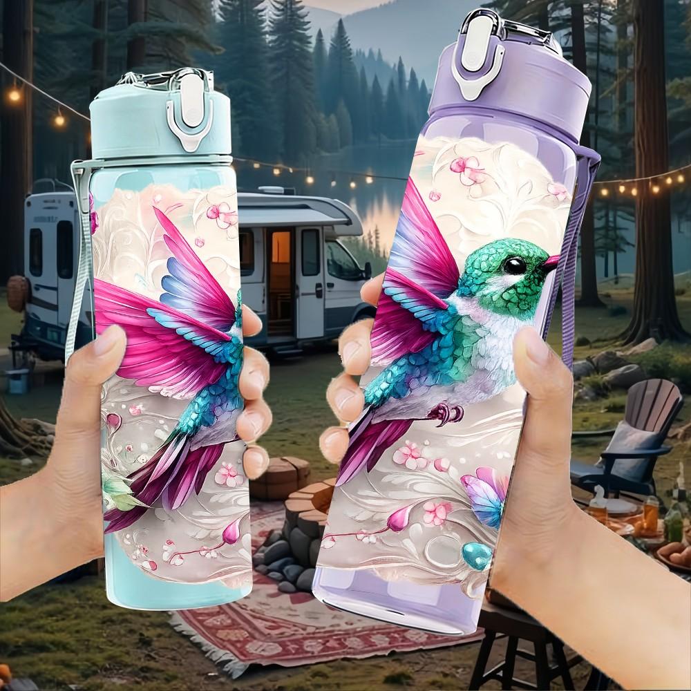 1PC Hummingbird Pink Watercolor Bird Print 750ml Color Plastic Sports Water Bottle Leakproof Flip Straw Lid Suitable for Sports Office Home Use