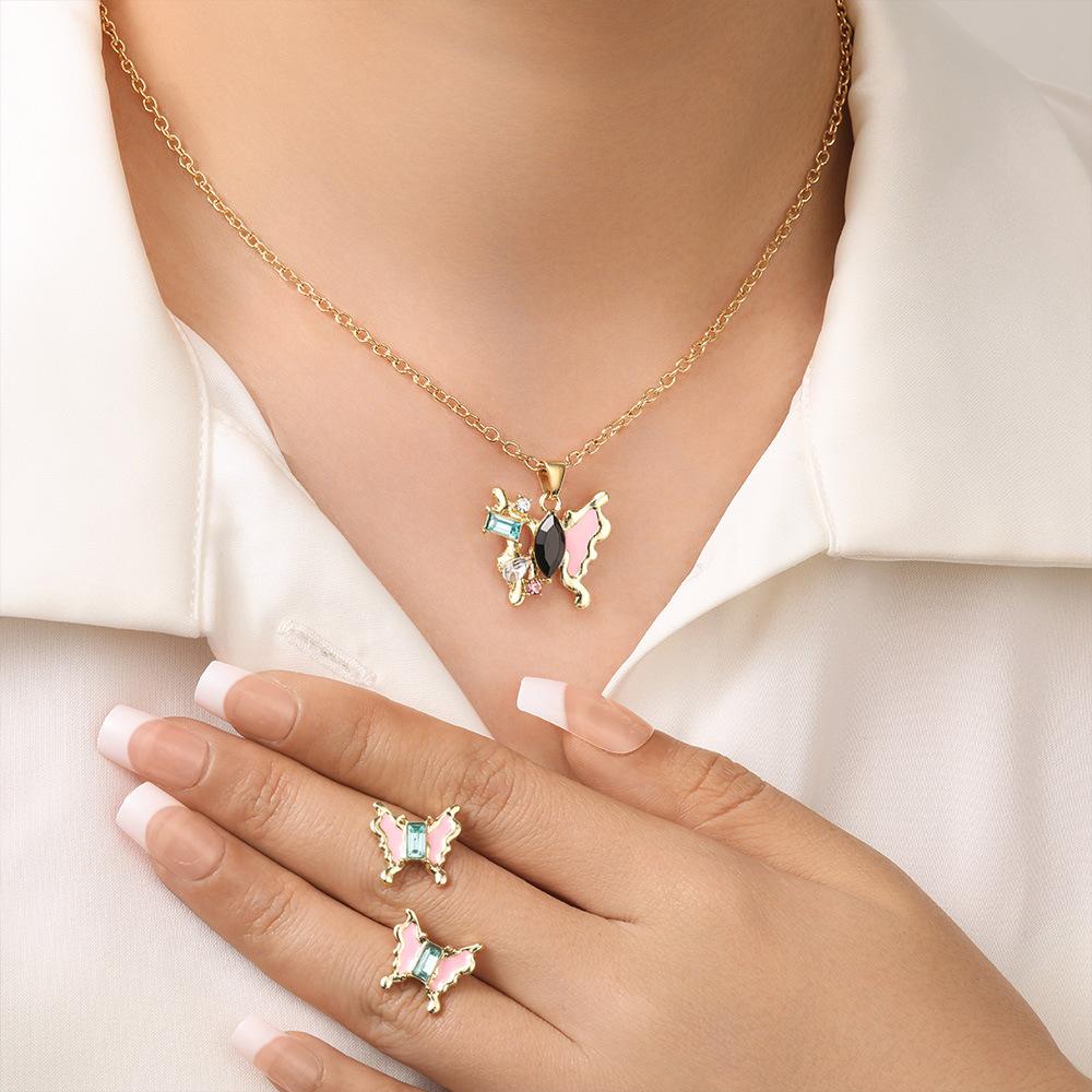 

Jewelry Set, Personalized Multi-Colored Rhinestone, Oil Drop Butterfly Necklace, Stud Earrings, 2-Piece Combination Jewelry.