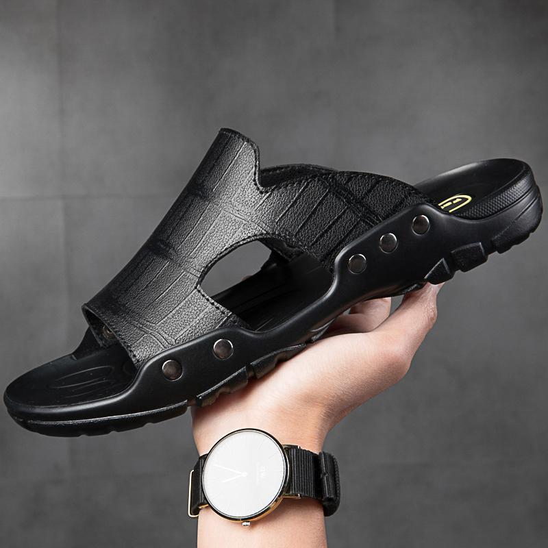 Fashion Classic Brand Men's Genuine Leather Shoes Hollowed Out Men's Slippers Non Slip Men's Casual Shoes Breathable Men's Beach Shoes