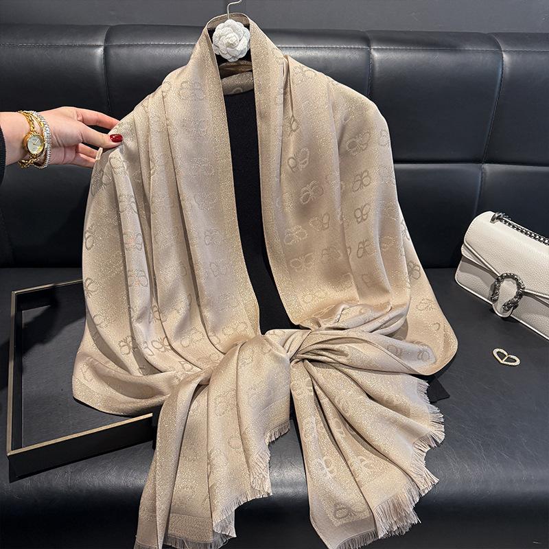Simulation Silk Fashionable And Elegant High-End Long Silk Scarf Short Beard Shawl Long Scarf Tencel Cotton Gold Silk Scarf