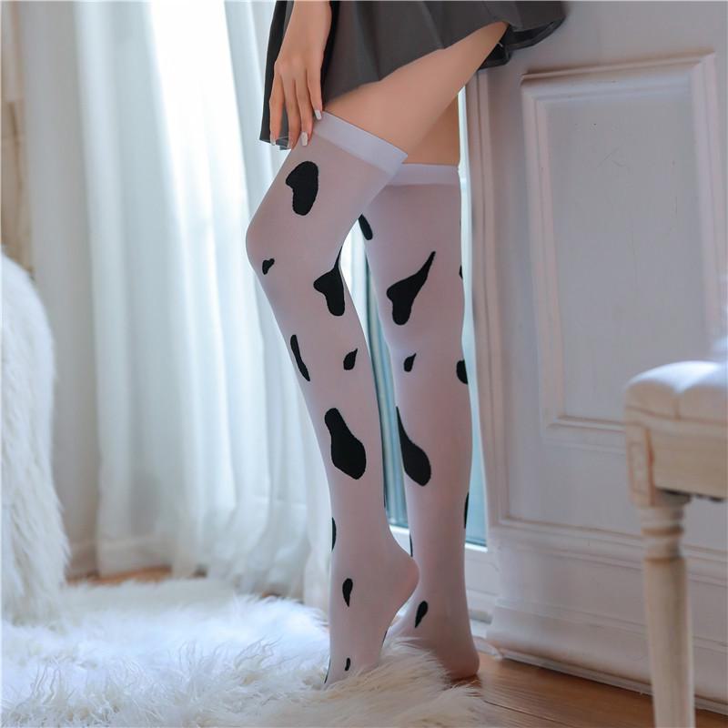 Cow Print Nightclub High Knee Stockings - Sexy White & Black Stockings for Women
