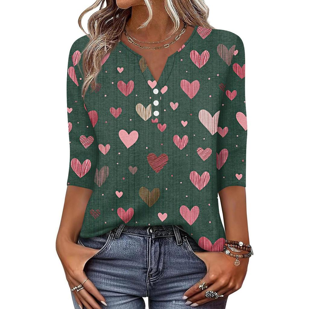 Women's T Shirt Print Button 3/4 Sleeve Daily Weekend Fashion Basic V- Neck Regular Top