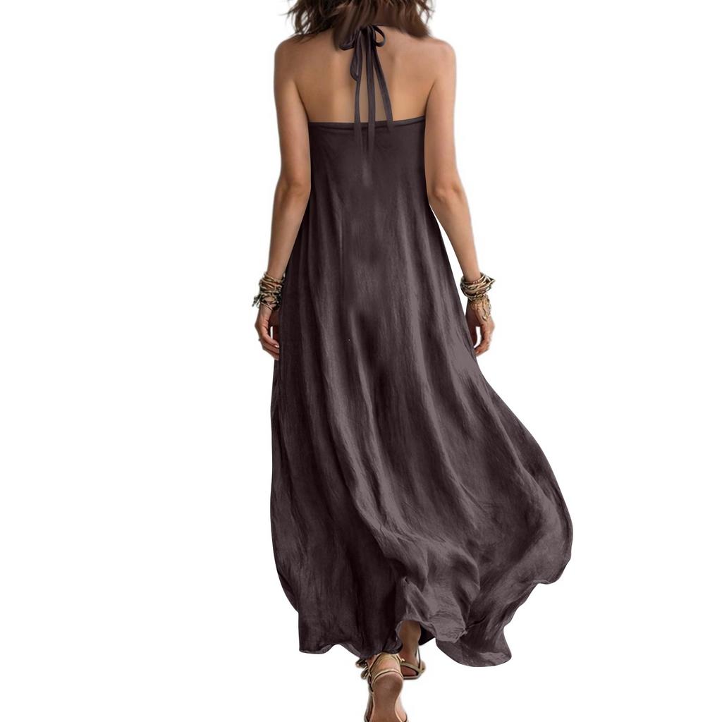 Bohemian Neckholder Maxikleid Lockere Passform Schulterfrei Ärmellos Langes Kleid Sommer Strandmode Lässiger Boho-Stil