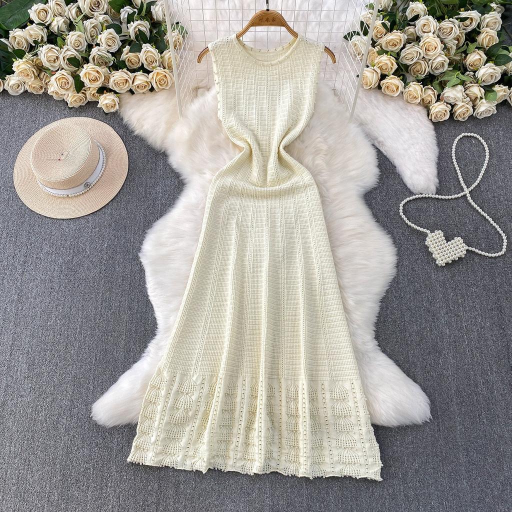 Light luxury elegant sleeveless beaded round neck dress children's autumn and winter high-end sense hollow knitted bottom dress