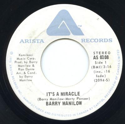 7-Zoll Schallplatte BARRY MANILOW - It's A Miracle AS0108 Arista 1975 Kanada Pop Gebraucht