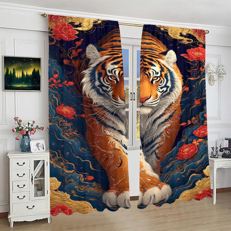 Animal Tiger -2 Pieces - Printed Curtain, 100% Polyester, Suitable for Home Decor