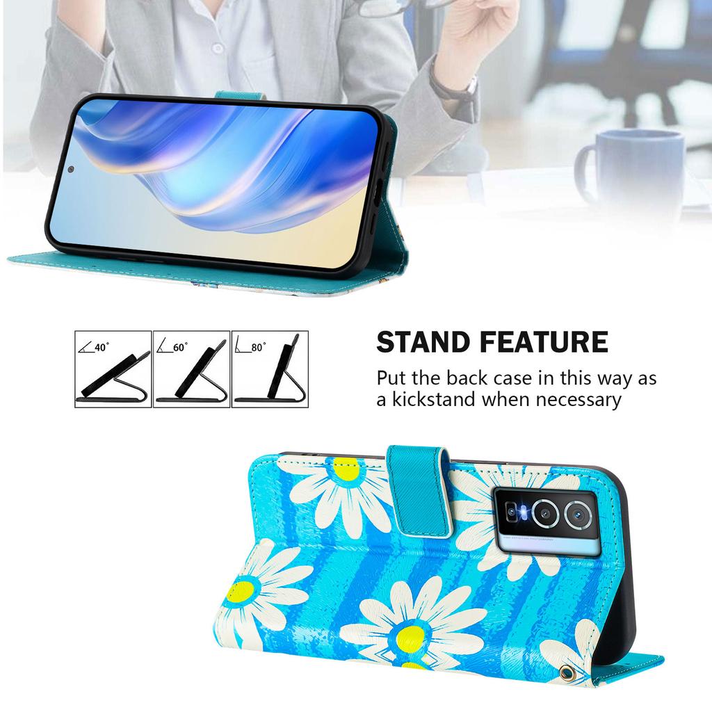 Blue Daisy Luxury Painted Leather Case Wallet Book Style Cover for Vivo Y20,Y35,Y51A,Y56,V27,Y78,V29,Y27,Y33S,Y19,V29E,Y17S,Y30,S19...