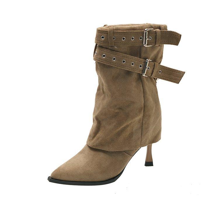 Retro thick heel medium boots women's 2025 new autumn versatile pointed western cowboy boots belt buckle trouser boots