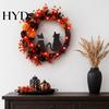 Halloween Door Wreath with Lights Floral Garland, String Lights, Black Cat Silhouette Neon Purple Garland Wreath, for Front Indoor Outdoor Wall