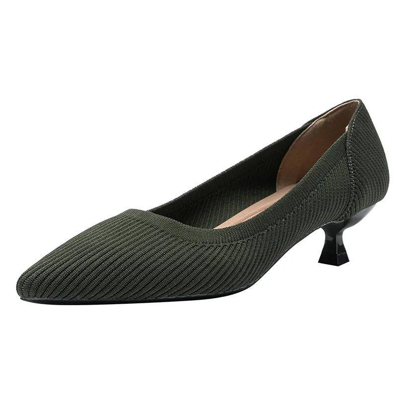 Pointed Toe Solid Color Stretch Knitted Shoes Pumps Slip On Sole Low Heels Breathable Loafers Women Mesh Shallow Sock Shoes