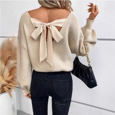 Women's V-neck Solid Color Sweater Autumn New Style Long Sleeved Casual Loose Bow Top for Women