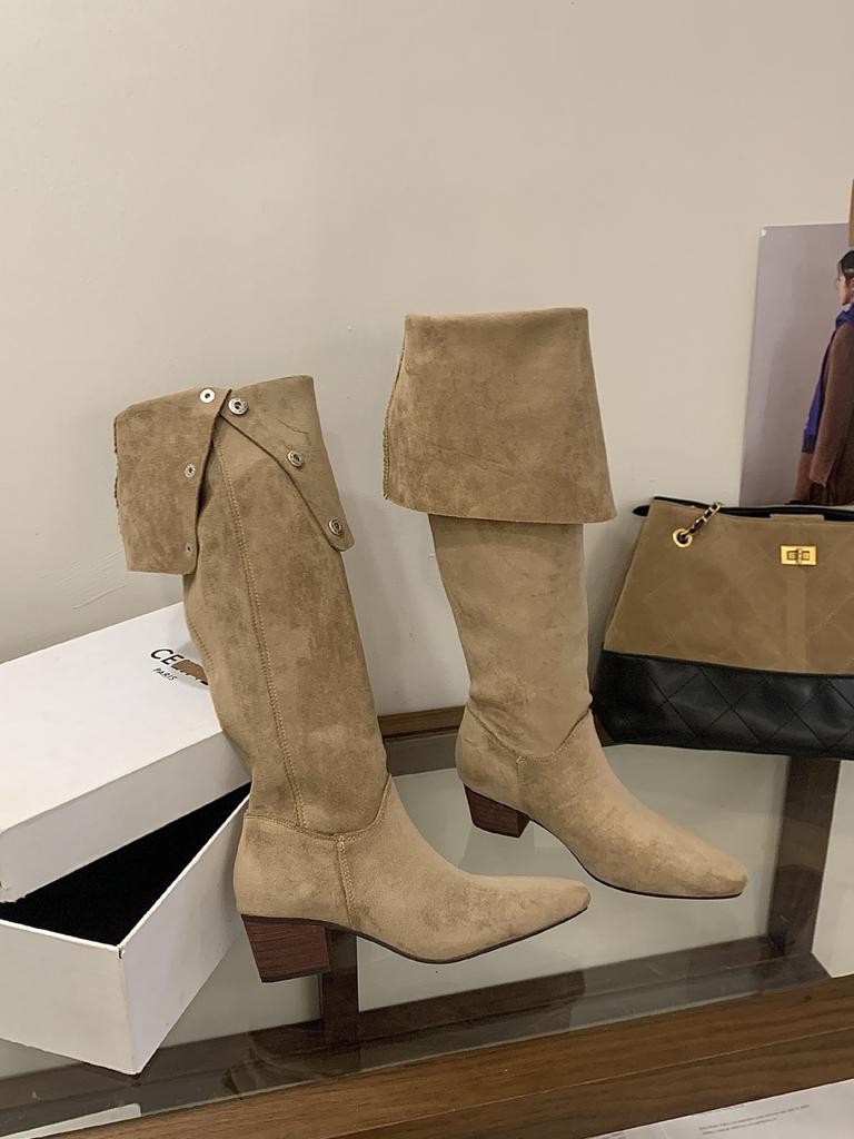 Retro thick-heeled elastic thin boots, new thin thick-heeled tall over-the-knee suede stacked women in autumn and winter 2025