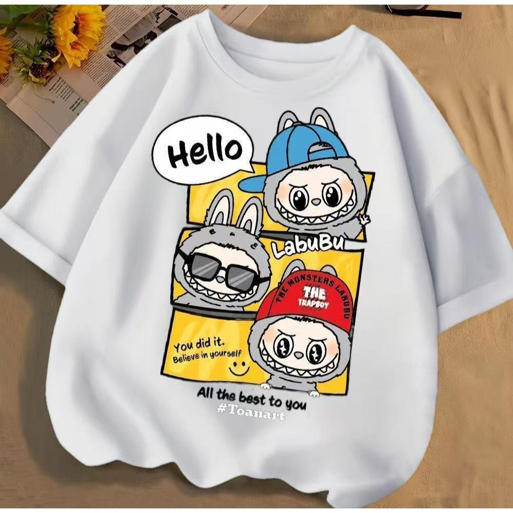 2025 Ny LABUBU Barn Kortärmad Flicka T-shirt Söt Tecknad Stil Rundhals Topp