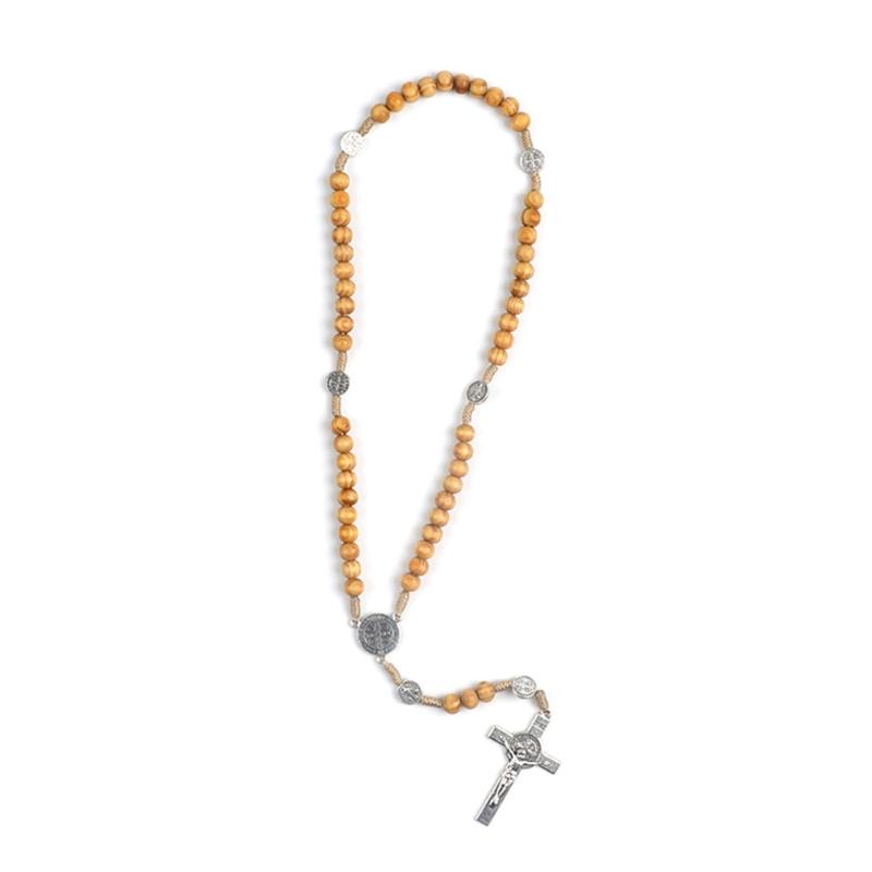 Twist Wood Bead Cross Rosary Necklace Bead Chain Pendant Ornaments for Home Church Yoga Room Decorations Gift