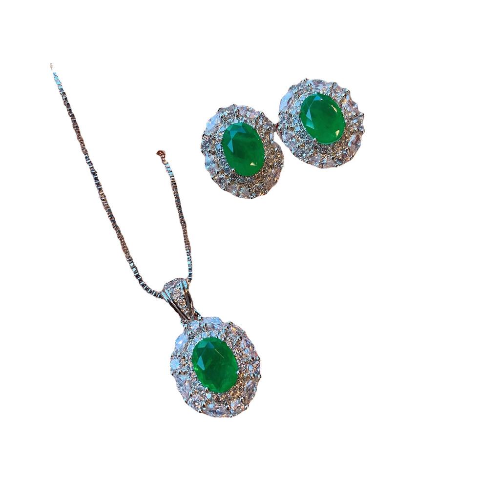 Emerald Necklace Earrings Jewelry Two-piece Set