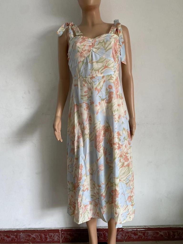 V Neck Strap Printingt Dress Lace Up Knee Length Dress Elegant Sleeveless Dresses Causal Women Dress