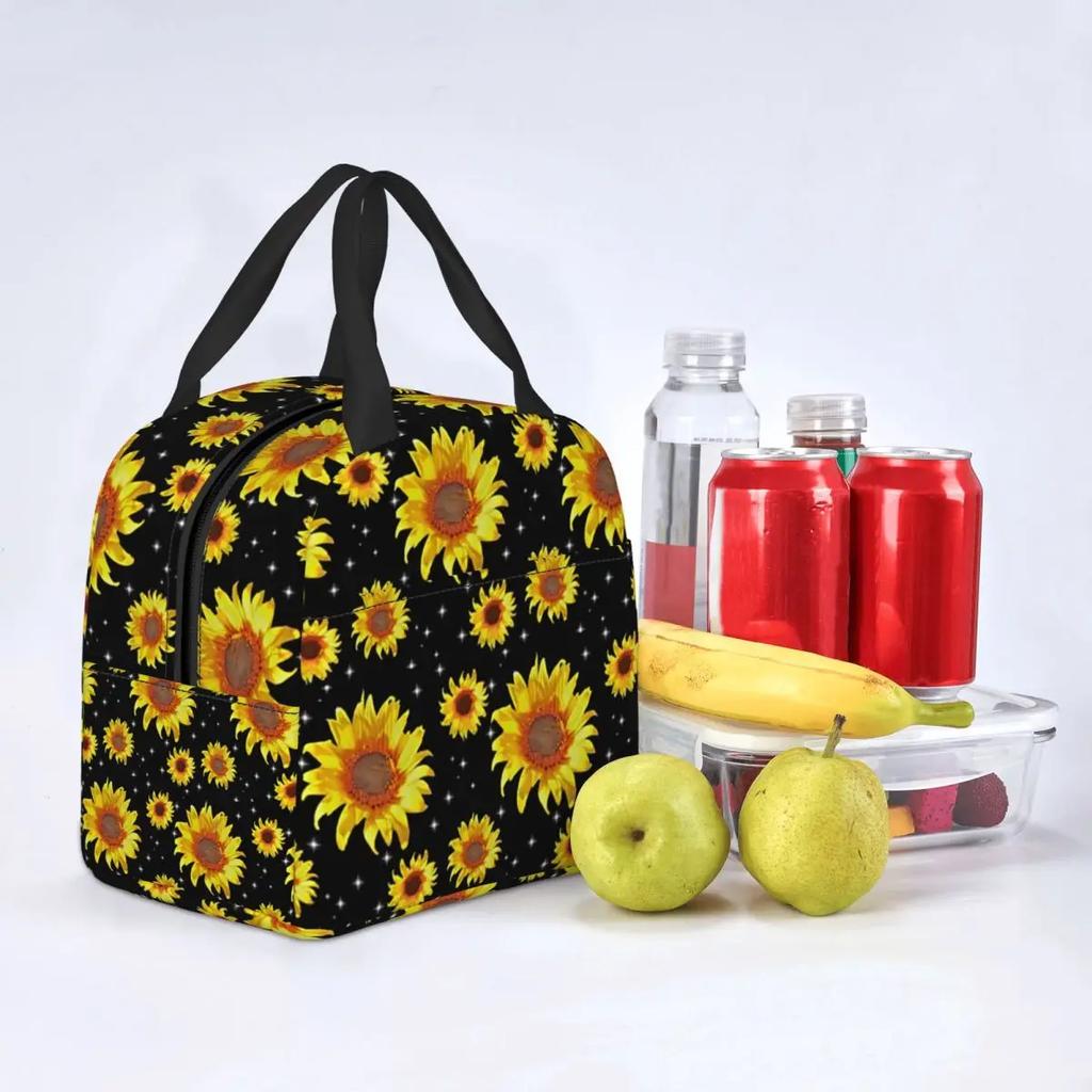 Sunflower With The Light Of Stars Insulated Lunch Tote Bag for Women Floral Cooler Thermal Food Lunch Box Kids School Children