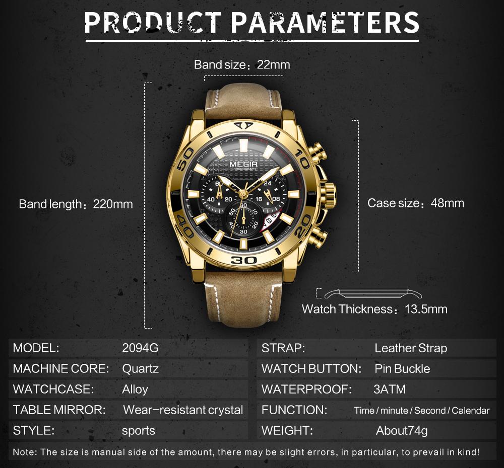 Men's Chronograph Quartz Sport Watch Waterproof Wristwatch with Leather Strap Rotating Bezel Alloy Case and Date Window