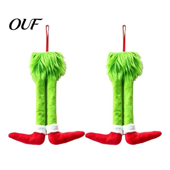 Fluffy Elf Leg Car Decoration 2Pcs Christmas Green Decoration, Plush Long Hair Hanging Red Ornaments Ornament for Home Fireplace Tree Decor,