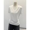 Retro V-Neck Short Sleeve T-Shirt - Women's Spring/Summer Basic Slim Mid-Length Top