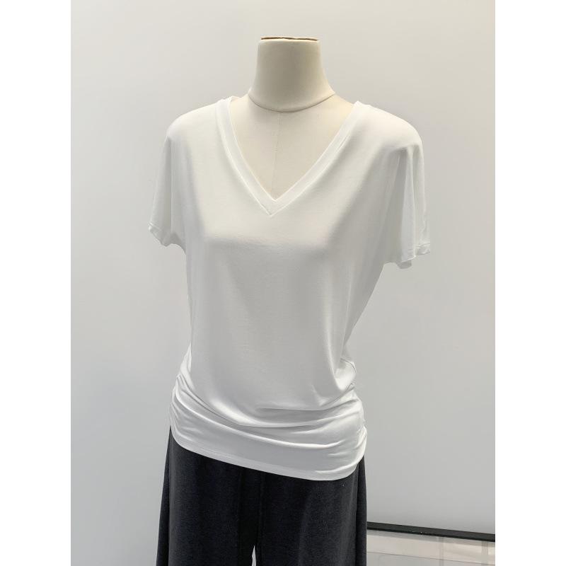 Retro V-Neck Short Sleeve T-Shirt - Women's Spring/Summer Basic Slim Mid-Length Top