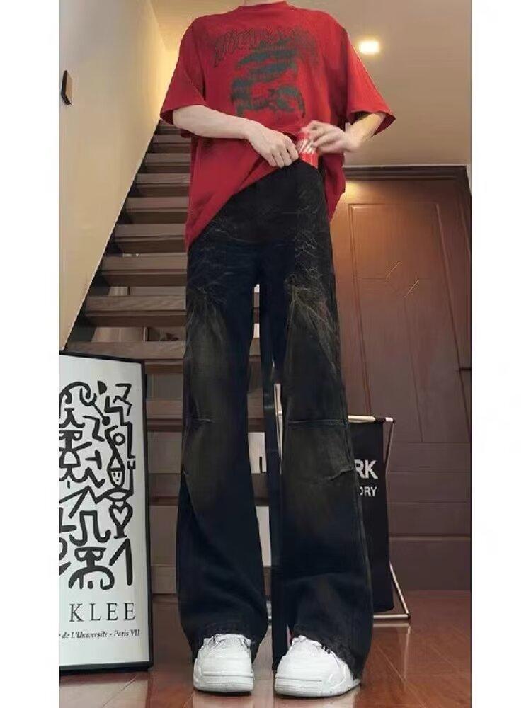 American street washed old jeans men's spring and autumn straight loose European and American high street vibe style long pants