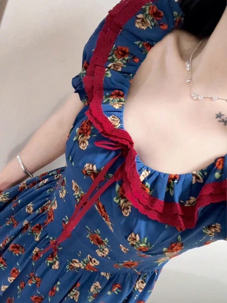 French blue floral dress women's summer new seaside vacation temperament beautiful long dress