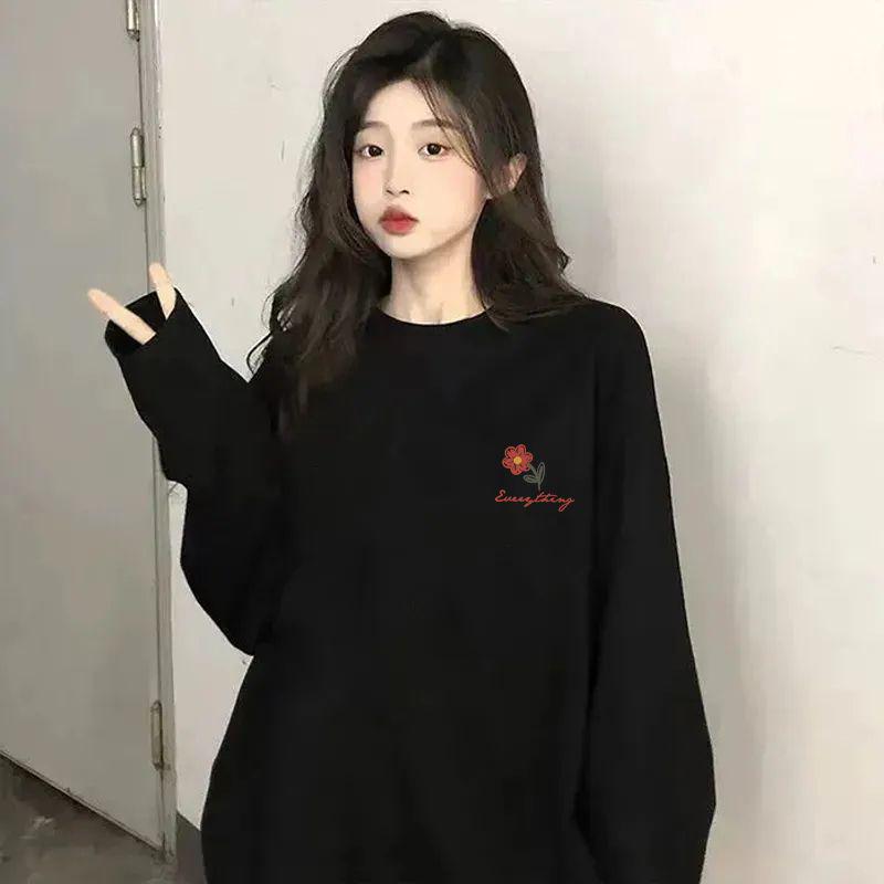 Women's Trendy Pure Cotton Long Sleeve Printed T-Shirt - New for Spring/Autumn 2025, Round Neck, Loose Fit Base Layer