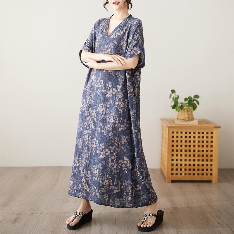 DIMANAF 2025 Summer Plus Size Long Dress Basic Women Casual Loose Vintage Oversized V-Neck New Printing Dress