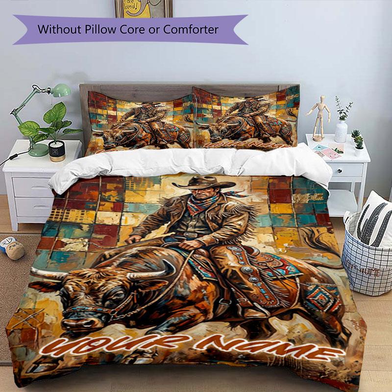 3PC Custom Name Rodeo Rider Bull Bedding Set Duvet Cover Closure Includes 1 Duvet Cover & 2 Pillowcases for Bedroom