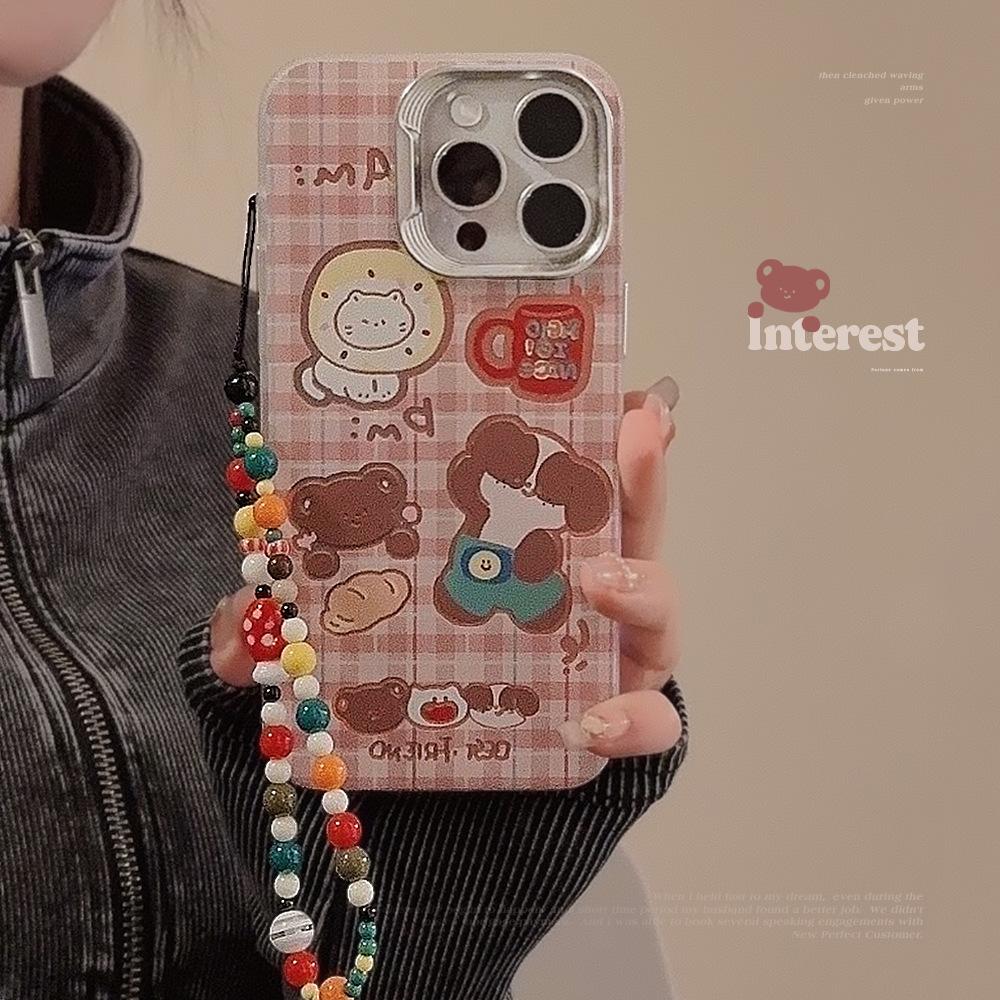 Cute Plaid Animal Suitable for Apple 14 Promax Mobile Phone Case Iphone15 Laser 16 Color Chain 13 Hard