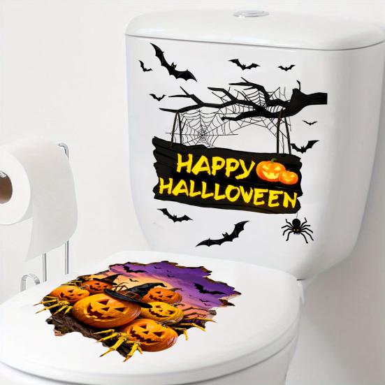 2Pcs Toilet Stickers, Halloween 3D Pumpkin & Bat Sticker, Waterproof Bathroom Decor, Removable Toilet Seat Cover Art, Residue-Free Wall Tile